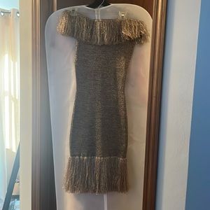 #183 Christopher kane metallic fringe off the shoulder dress